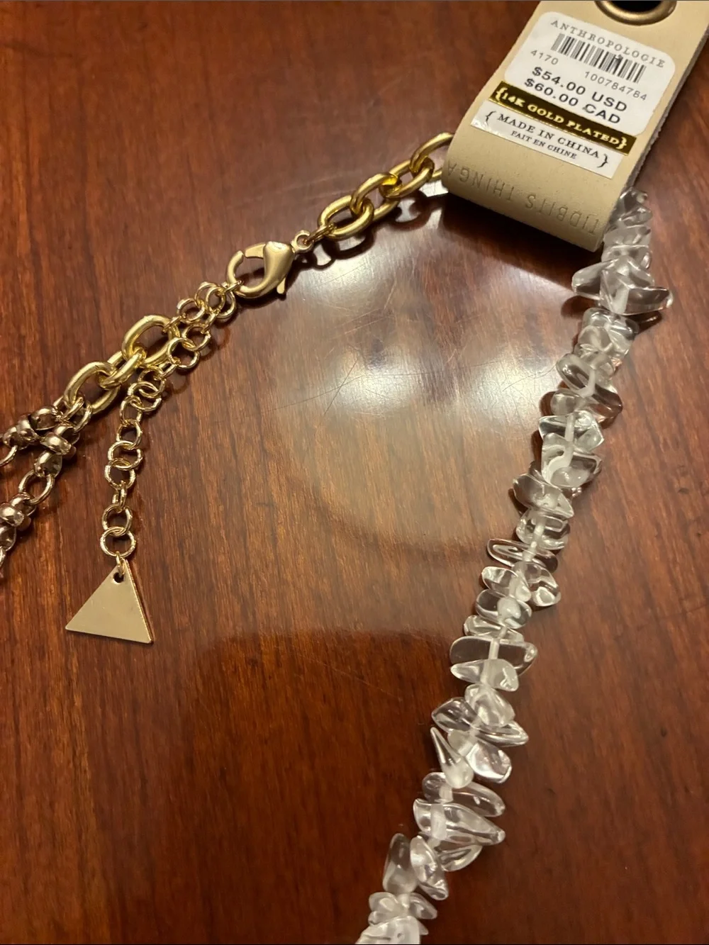 ANTHROPOLOGIE Clear Crystal Rock & Gold Chain Necklace. 14K  Gold Plated. NWT